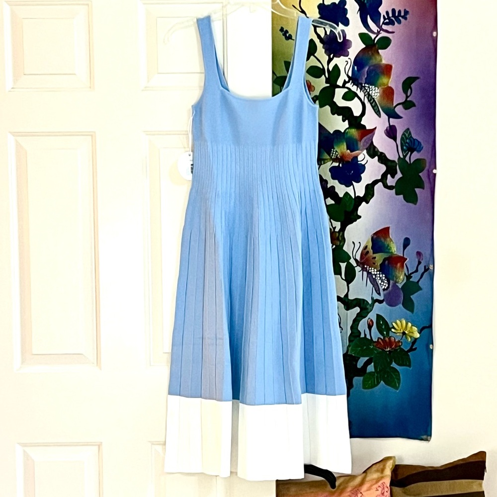 🌺🎉HP🎉🌺 NWT Staud Ellison Pleated Midi Dress Blue White 🌟Rare🌟 - Picture 9 of 15